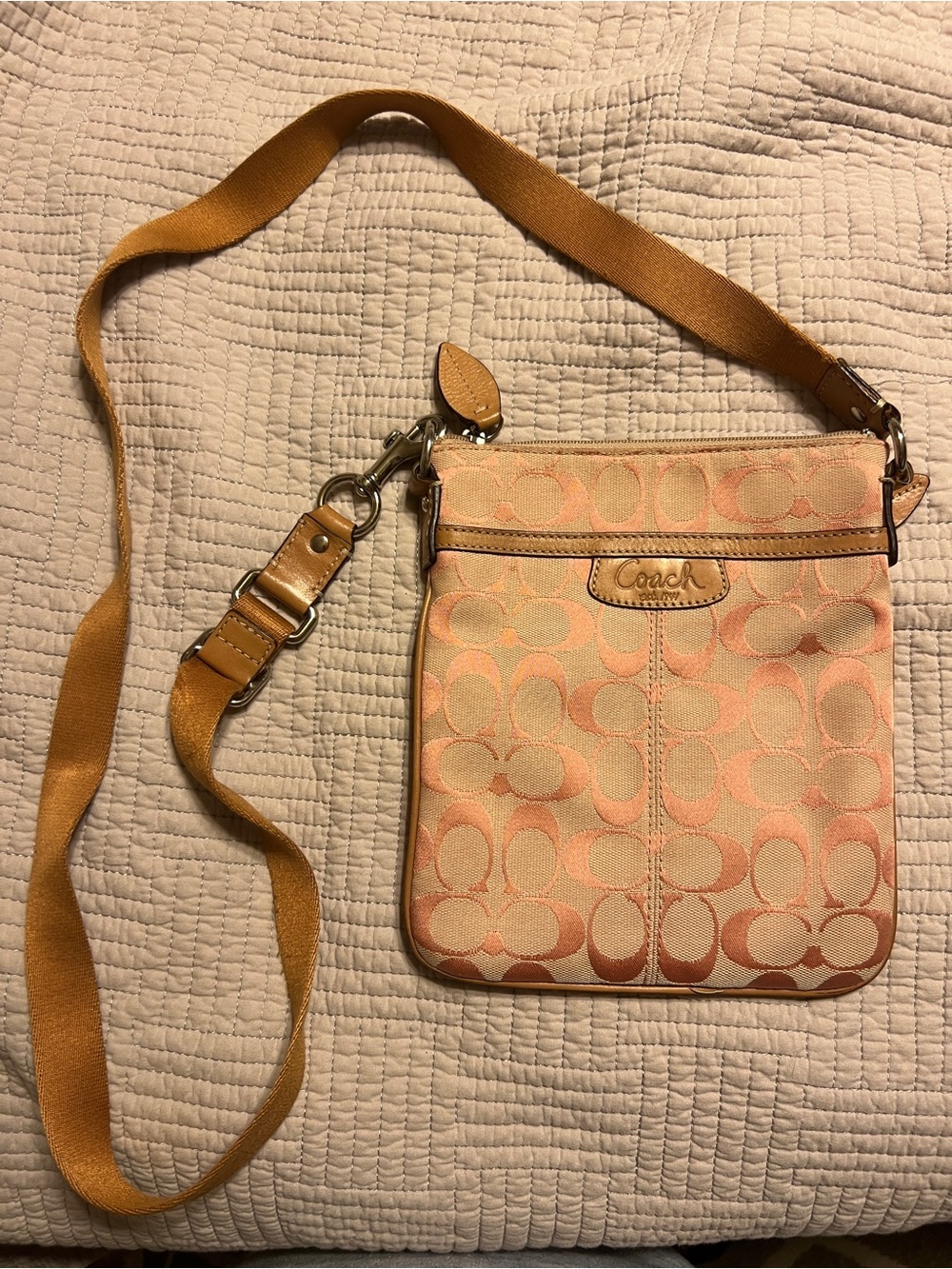 Coach Peach and Tan Signature Crossbody